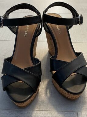 Chateau Black Strappy Cork Platform Wedges